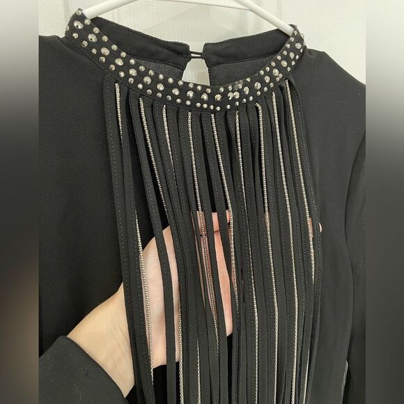 Black Rhinestone Beaded Fringe Front Split Sleeve Mini Dress Women’s Size S - Picture 3 of 9